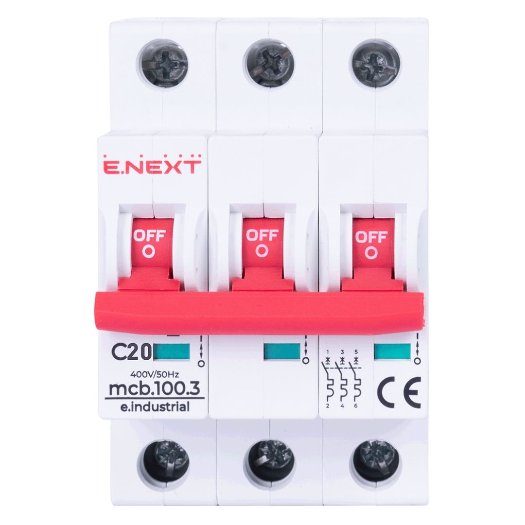 Модульный автоматический выключатель e.industrial.mcb.100.3.C20, 3 р, 20А, C, 10кА