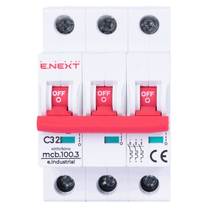 Модульный автоматический выключатель e.industrial.mcb.100.3.C32, 3 р, 32А, C, 10кА