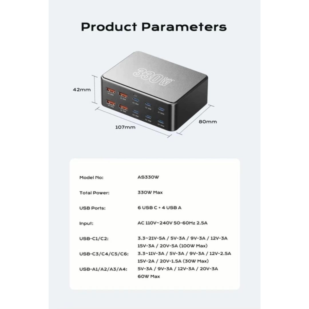 Потужний настільний зарядний пристрій Topzero 330W з 10 портами (6 Type-C + 4 USB-A) GaN Fast Chargi