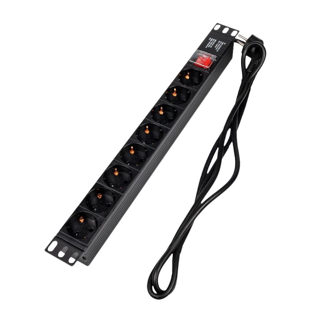 Подовжувач LP на 8 розеток з вимикачем, 220В 16A, німецький тип, 1U 19", алюмінієвий корпус